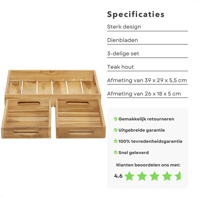Cheqo® 3-delige Set Houten Dienbladen - Dienblad Set - Ontbijt op Bed - Decoratief Dienblad - Kaarsenplateau Decoratieve dienbladen