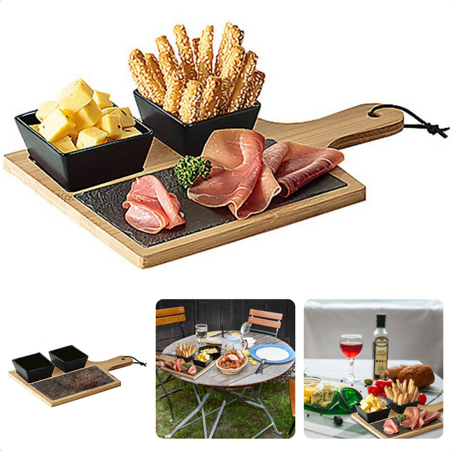 Cheqo® Tapas Plank - 4 delige set - 2 Kommen 9x9x5cm - Leisteen - 10x20cm - 1 Bamboe Serveerplank 20x30cm - Anti Slip Voetjes - Borrelplank - Serveerplank - Tapasplank Serveerplanken