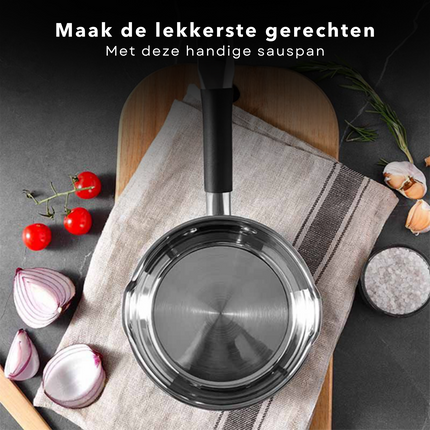 Cheqo® Steelpan - Kookpan - Ø16cm x 7,5cm - 1.3L - RVS - Dubbelzijdige Schenktuit - Siliconen Handvat - Maataanduiding - Alle Warmtebronnen Inclusief Inductie Steelpan