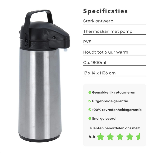 Cheqo® Thermos Pomp - 1.8L Roestvrij Staal - Isoleerkan met Pomp - Thermoskan met Pomp - Zwarte Dop & Handvat - Houdt 6 Uur Warm - 1800ml - Afmeting 17x14x36cm Thermosfles