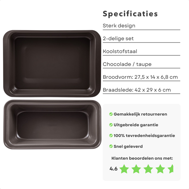 Cheqo® Bakvorm & Braadslee Set - Ovenschotel - Braadslede - 2 delig - Koolstofstaal - Chocolade/Taupe - Non-Stick & Krasvast Braadslede