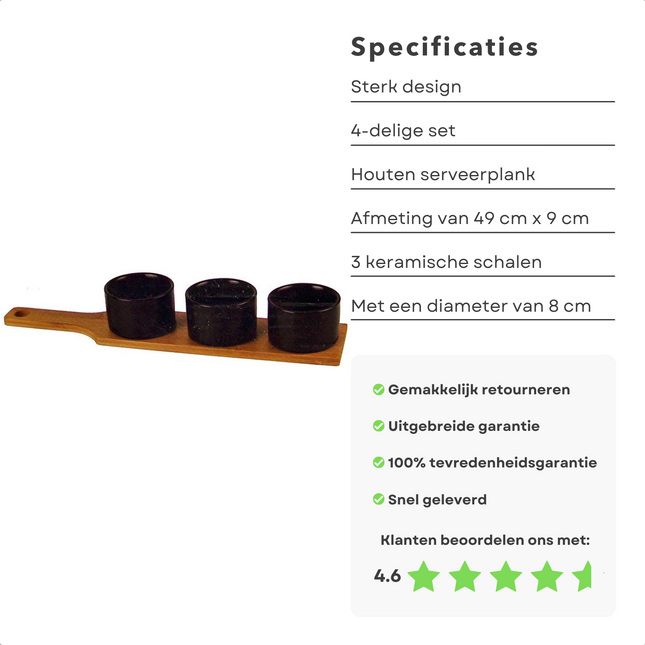 Cheqo® 4-Delige Serveerset - Tapas Set - Tapas Schaaltjes op Tapasplank - Houten Plank 49cm x 9cm - 3x Keramische Schaaltjes 8cm - Serveerplank Set Serveerschaal