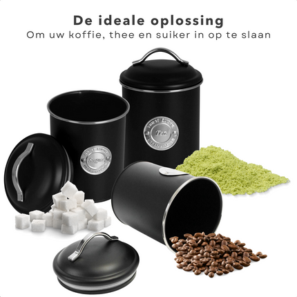 Cheqo® Voorraadbussen Zwart - Voorraadpotten - voorraaddozen  - Set van 3 stuks - Sugar, Tea, Coffee - 16cm Hoogte, 11cm Diameter - Metaal met Zwarte Matte Coating - 740g Gewicht Voorraadbussen
