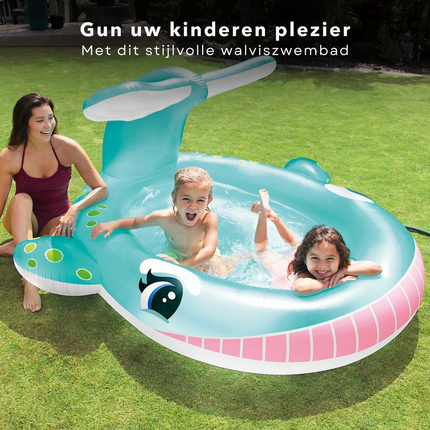 Cheqo® Opblaasbaar Zwembad - Kinderbad - Walvis - 2 Luchtkamers - Incl. Watersproeier & Reparatiemateriaal - Met Handig Uitloopventiel Opblaas Zwembad