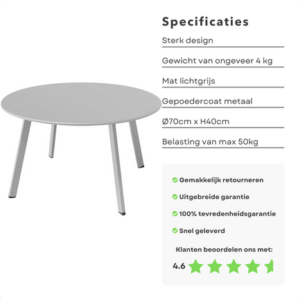 Cheqo® Tafel voor Loungeset - Metaal (Gepoedercoat) - Mat Lichtgrijs - Diameter 70 cm - Hoogte 40 cm - Draagvermogen 50 kg - Tafeltje voor Binnen of Buiten - Tuintafel - Bijzettafel Bijzettafel