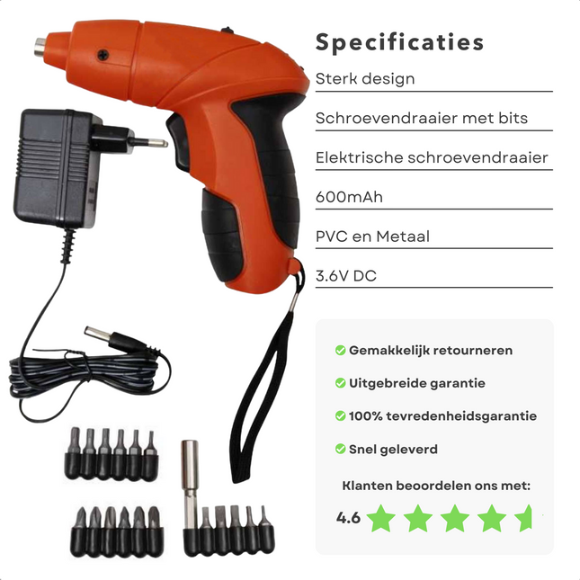 Cheqo® Elektrische Schroefboormachine met Accu - 18 Bits - Accuboormachine - 600 mAh - 180min - 3.6Vdc - Licht - Schroevendraaier - Schroefmachine - Boormachine Accu Accuboormachines