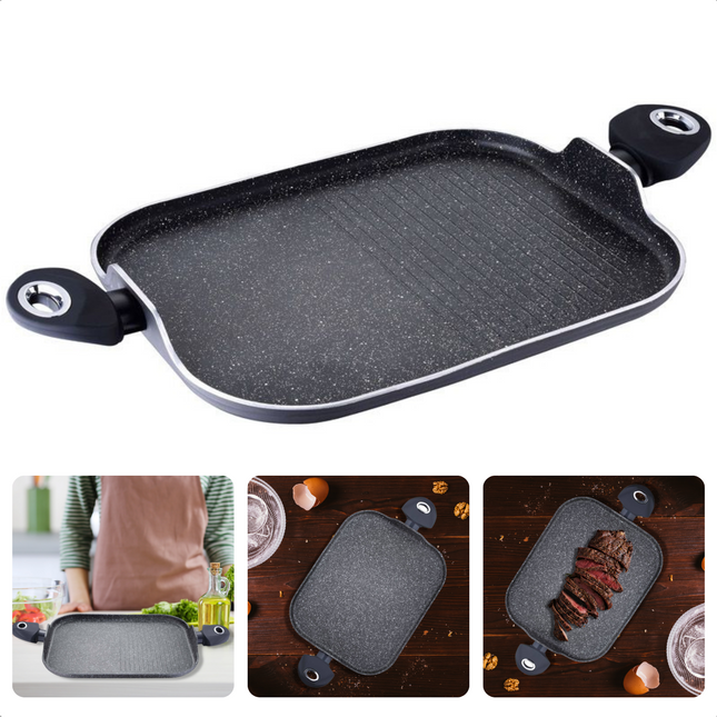 Cheqo® Grill-pan - Geperst Aluminium - 2 Stay-Cool Handvatten - Marmer Coating - Anti-aanbaklaag - Inductie-geschikt - 35.5x28.2x1.3cm - Voor Alle Warmtebronnen - Bakpan Grillpannen