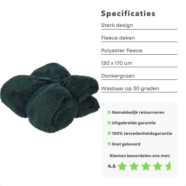 Cheqo® Fleece Deken - Fleece Plaid - Dekentje - 130x170cm - Voor de Koude Dagen - Polyester - Donkergroen - Bed & Bank Plaids