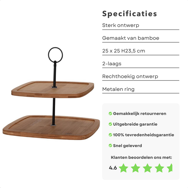 Cheqo® Bamboe Etagere - Serveerplank - Serveertoren - 2-laags - 25x25cm - Rechthoekig - H23.5cm - Multifunctioneel Opbergsysteem Etagere