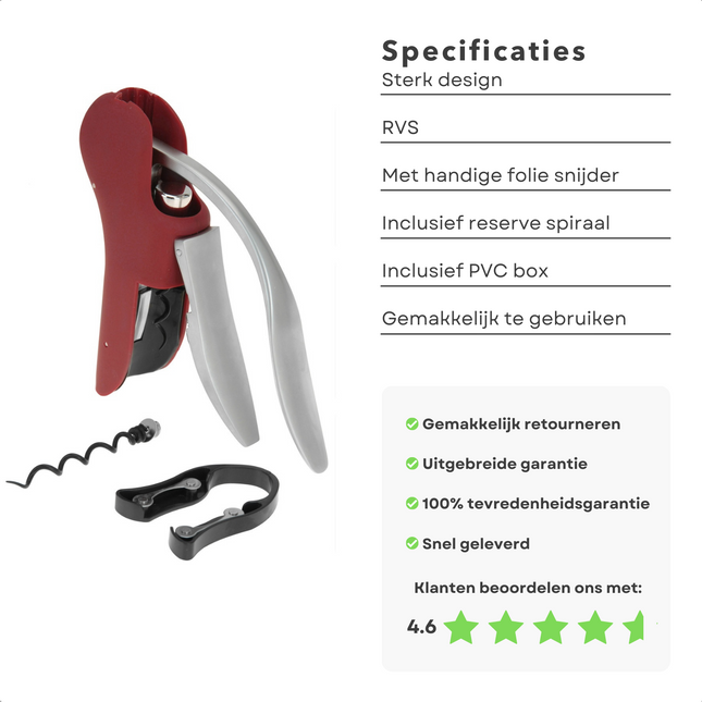 Cheqo® Luxe Kurkentrekker met Foliesnijder - Flesopener - Kelnermes - RVS - Met Opbergdoos en Reservespiraal - 15cm Kelnermes