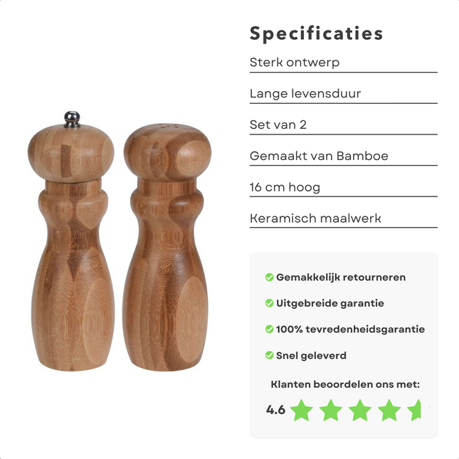 Cheqo® Peper- & Zoutmolen - Kruidenmolen - Peper en Zoutstel - Bamboe Set - 2 Stuks - Keramisch Maalwerk - 16 cm Hoog Peper- & Zoutstellen
