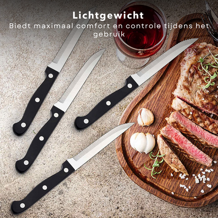 Cheqo® 6 Steakmessen met Steakvorken - Vorken en Messen - Steakset - Steakmes Set - Kartelmes - Kartelmessen - 21cm - 6 Steakvorken - 19cm - 1.2mm - RVS Steakmessen