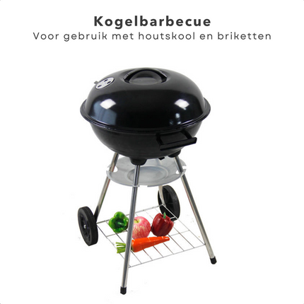 Cheqo® Kogelbarbecue - Ø46 cm - Ronde Metalen BBQ - Voor Houtskool & Briketten - 2 Grote Wielen - Verchroomd Voorraadschap - Kookhoogte 78cm - Opvangplaat - Gewicht 5kg - GS/TÜV Keuring - Barbecue BBQ