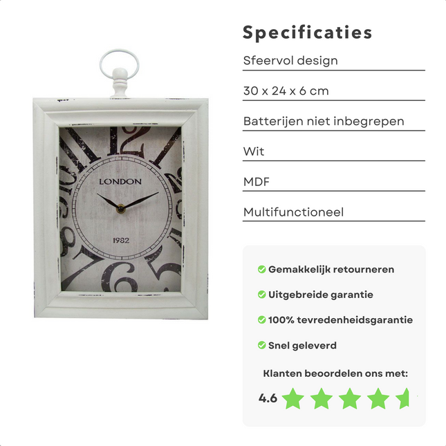 Cheqo® Klok - Wandklok - Tafelklok - London Klok - 30x24x6cm - Wit Klok