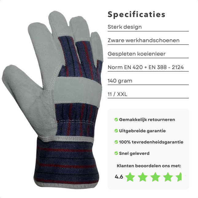 Cheqo® PRO Leren Werkhandschoenen - Handschoenen voor Klussen - Cow Split Leather - EN 420 + EN 388 - 2124 - TP0450D - 140g - 11/XXL Werkhandschoenen