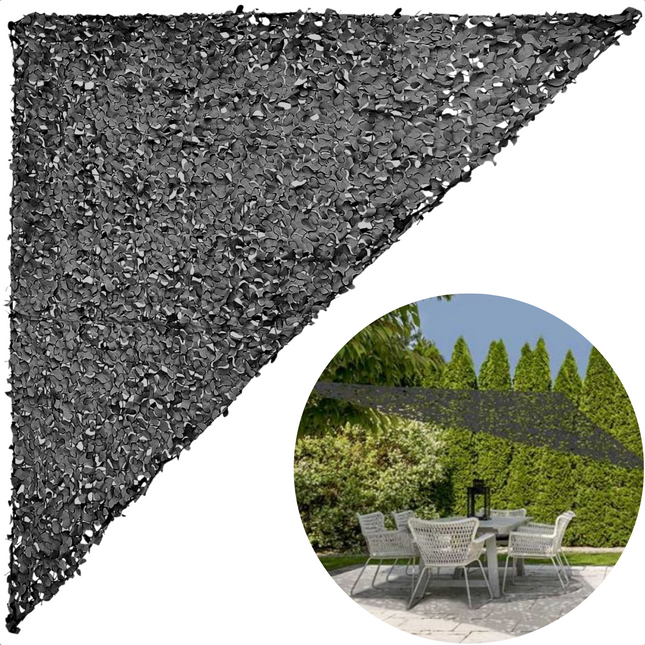 Cheqo® Schaduwdoek Camouflage - Camouflagenet - Camouflage Net - Buitennet - Driehoek 360x360x360cm - Donkergrijs - 210D Polyester - 3x 3.50m Touw - Met Afsluitbare Draagzak Schaduwdoek