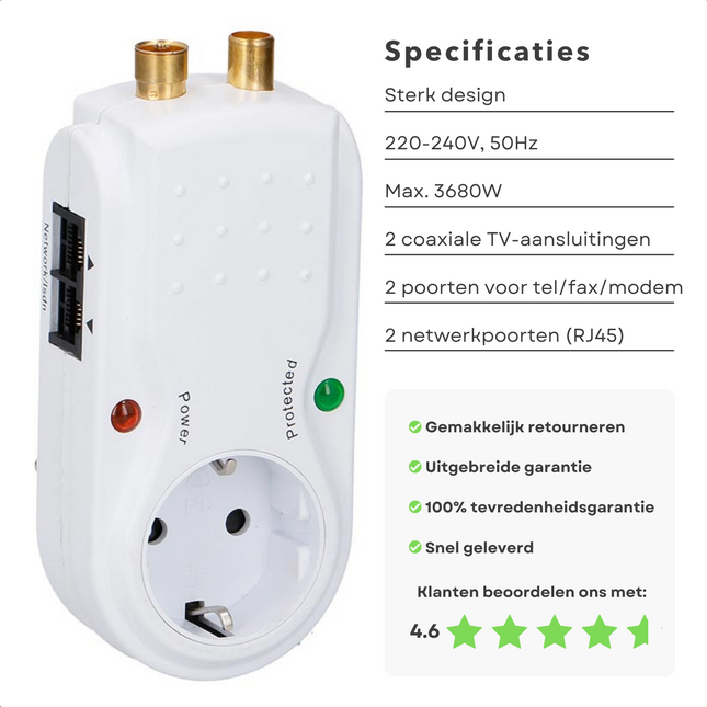 Cheqo® Stekkerdoos met Overspanningsbeveiliging - Stopcontact - Overspanning Stekker - Overspanningsbeveiligde Stekker Tussenstekker