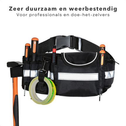 Cheqo® Gereedschapsgordel - Polyester met Reflectiestrepen, 11 Opbergopties, 2 Compartimenten, Hamerlus, Tapehouder, Clip - Verstelbare Riem met Klik-/Klemgesp Gereedschapsgordels