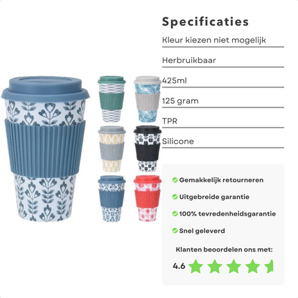 Cheqo® Bamboe Vezel Drinkbeker - 425ml - 125g - Herbruikbaar - TPR Sleeve - Siliconen Deksel - Geen Kleur of Print Kiezen - Koffiebeker - Duurzaam - Theebeker - Voor Onderweg - Vaatwasserbestendig - Compact formaat - Hittebestendig drinkbekers