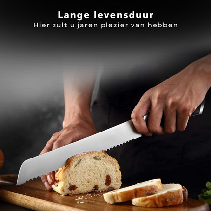 Cheqo® Broodmes - Kartelmes - 20cm - RVS - Bread Knife - Zagend Snijden - Kunststof Heft - Ergonomisch Gevormd - 32cm Broodmes