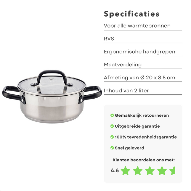 Cheqo® RVS Kookpan - Ø20x8.5cm, 2L - Voor Inductie - Gas - Elektrisch - Halogeen - Ingekapseld Aluminium - Ergonomische Handgrepen - Vaatwasmachinebestendig - 2x Uitloop - Maatverdeling - Gelijkmatige Warmteverdeling - Met Deksel - PFOA Vrij - Non-Stick Kookpannen