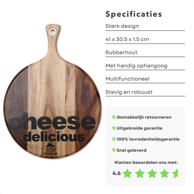 Cheqo® - Stevige & Robuuste Kaasplank - Rubber-Wood - 41x30,5x1,5cm - Met Ophangoog - Serveer Kaasblokjes - Serveerplank - Dienblad - Cheese Board - Borrelplank - Tapasplank - Hapjesplank - Rond Kaasplank