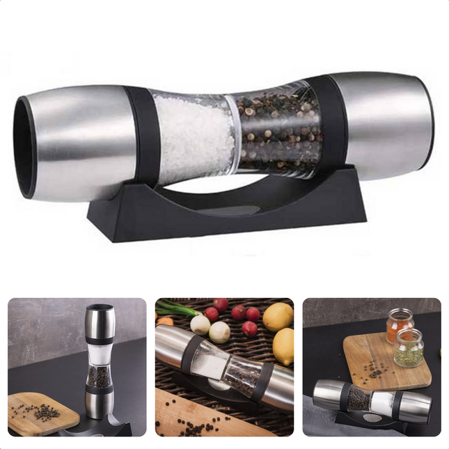 Cheqo® Luxe Peper- & Zoutmolen met Houder - RVS - ø5.5 x 23 cm - Keramische Maalschijf - Hervulbaar - Zwart & Zilver - Pepermolen - Zoutvaatje - Peper Zoutstel Peper- & Zoutstellen