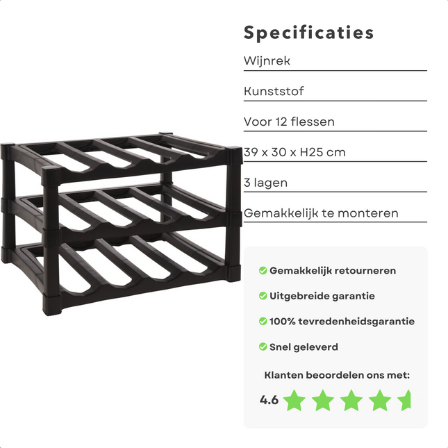 Cheqo® Luxe Wijnrek - Flessenrek - 3 Lagen - Gemakkelijk in Elkaar te Zetten - Zwart - Voor 12 Flessen - Kunststof - 39 x 30 x h25 cm wijnrek