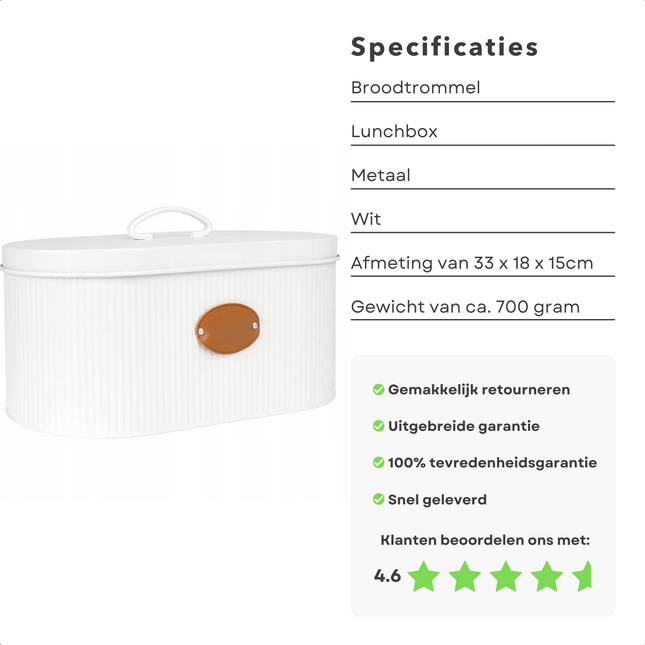 Cheqo® Broodtrommel - Brooddoos - Vershoudtrommel van Metaal - Wit - Brood Bewaren - 33x18x15cm - Handvat - 700g - Lunchbox - Brooddoos broodtrommel