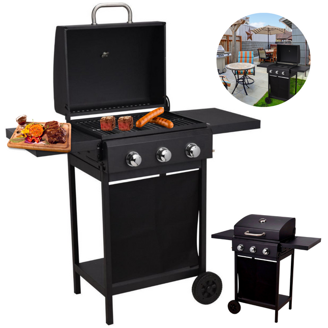 Cheqo® Gas Barbecue met Branders - BQQ -  106 x 53 x H102 cm - Buitenkeuken Verrijdbaar - 2 Zijtafels - Thermometer - Gepoedercoat Metaal - 14.7 kg - Zonder Slang & Drukregelaar BBQ