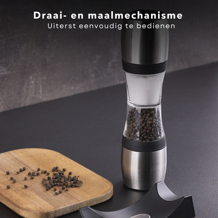 Cheqo® Luxe Peper- & Zoutmolen met Houder - RVS - ø5.5 x 23 cm - Keramische Maalschijf - Hervulbaar - Zwart & Zilver - Pepermolen - Zoutvaatje - Peper Zoutstel Peper- & Zoutstellen