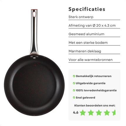 Cheqo® Koekenpan - Bakpan - Ø24 cm - Champagne - Hoogwaardig Aluminium - RVS Handgreep - Marmeren Deklaag - PFOA-Vrij - Lood-Vrij - Alle Warmtebronnen - Ook voor Inductie Koekenpan