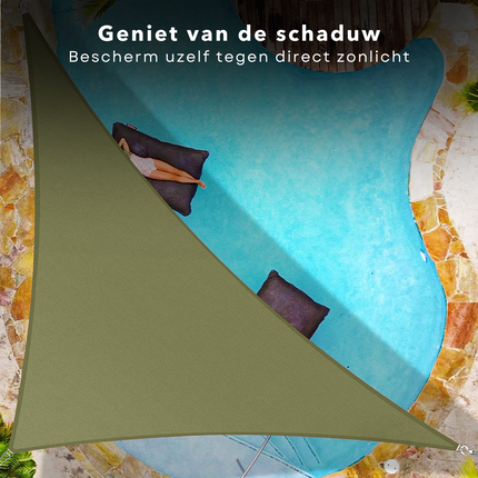 Cheqo® Schaduwdoek Driehoek - Olijfgroen - Waterafstotend Polyester 100% - Compleet met Touw - Verpakt in Afsluitbare Draagzak - 360x360x360cm Schaduwdoek