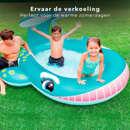 Cheqo® Opblaasbaar Zwembad - Kinderbad - Walvis - 2 Luchtkamers - Incl. Watersproeier & Reparatiemateriaal - Met Handig Uitloopventiel Opblaas Zwembad