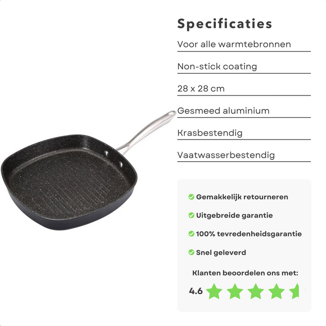 Cheqo® Grillpan voor Inductie - 28x28cm - Ultra Turbo Inductie - RVS Handgreep - Gesmeed Aluminium - Non-Stick Coating - Krasbestendig - Low Fat Cooking - PFOA-Vrij - Eterna+Ti Titanium Coating Grillpan