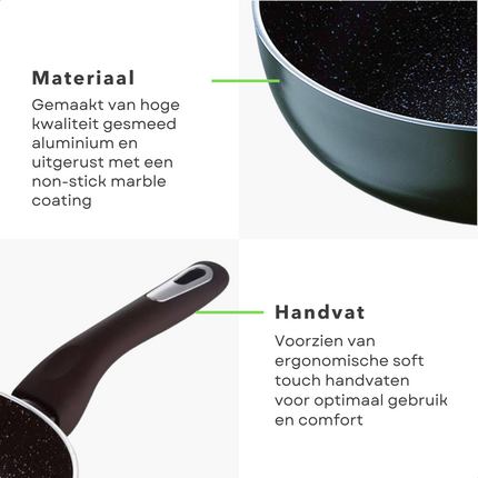 Cheqo® Koekenpan 26cm - Hoge Rand - Geperst Aluminium - Non-Stick Marble Coating - Soft-Touch Handgrepen - Inductiebodem - Vaatwasserbestendig - Krasbestendig - PFOA-Vrij - Alle Warmtebronnen - Ook Geschikt voor Inductie Koekenpan