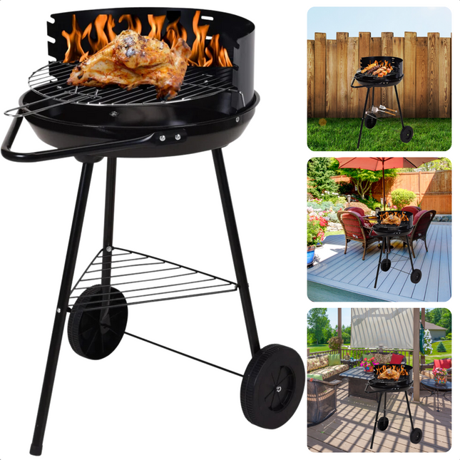 Cheqo® Verrijdbare Houtskoolbarbecue - BBQ met Windscherm - Houtskool BBQ - 70cm Hoogte - 38cm Diameter Grilrooster - 43cm Diameter Barbecue - Met Windscherm BBQ