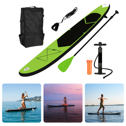 Cheqo® Complete SUP-Set - Opblaasbaar SUP Board - Stand Up Paddle Board - Ideaal voor Beginnende & Gevorderde Peddelsurfers - EVA Anti-Slip Bekleding - 150kg Max Belasting - Verstelbare Peddel - Met Handpomp & Reparatiekit SUP Board