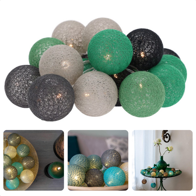 Cheqo® Lichtsnoer Verlicht - Tuinverlichting - Lichtslinger - 20 LED - Lampionnen van Katoen -Met Timer - Op Batterijen - 300cm - ø6cm Diameter - Voor Binnen & Buiten Lichtsnoer