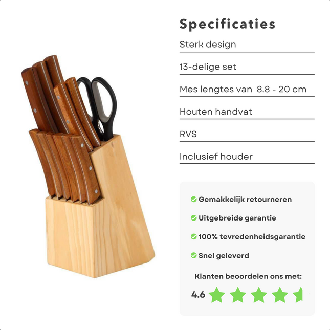 Cheqo® Messenblok - Messenset met Blok - 11 Messen + 1 Schaar - Roestvrijstaal - Chefmes - Vleesmes - Broodmes - Multifunctioneel Mes - Schilmes- Steakmessen - Keukenschaar - Houten Blok Messenblokken met messen