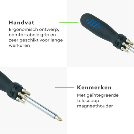 Cheqo® Telescoop Schroevendraaier met Bits - 60cm Uitschuifbaar - 7 Bits - Kruiskop PH1/PH2/PH3 - Sleuf 5/7mm - Torx T-15/T-20 - Magneethouder - Handgereedschap - Klusgereedschap - Schroevendraaiset - Multifunctioneel Schroevendraaiers