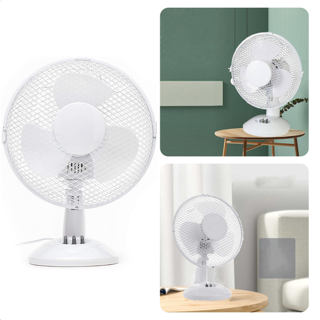 Cheqo® Tafelventilator - Ventilator - Fan - Wit - 23cm - 45W - 2 Snelheden - Omvalbeveiliging - Draaibare Kop - Hoekinstelling - 56 Db Ventilator