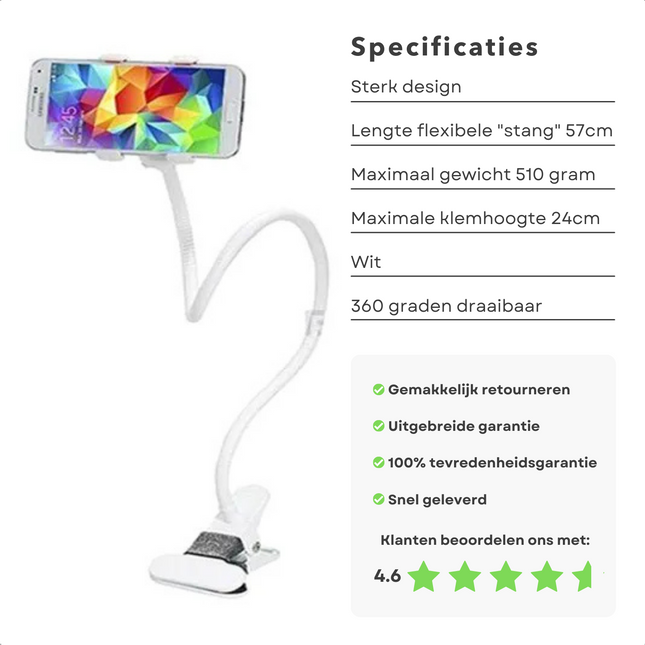 Cheqo® Tablethouder flexibel en verstelbaar - Voor Bureau, Tafel of Bed - Telefoonhouder Ergonomisch - Handig voor Thuis of Onderweg - 57cm Lengte - Klemhoogte 24cm - Max 510g - Wit Tablethouder