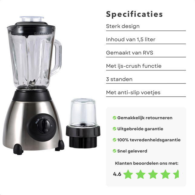 Cheqo® RVS Blender 800W - 1.5L - RVS Messen - Koffiemolen - IJs-Crush - 3 Standen - Anti-Slip - 230V - 50Hz Blender