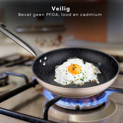 Cheqo® Koekenpan - Bakpan - Ø20 cm - Champagne -  Harde Marmeren Deklaag - RVS Handgreep - PFOA-Vrij - Gesmeed Aluminium - Alle Warmtebronnen - Ook voor Inductie Koekenpan