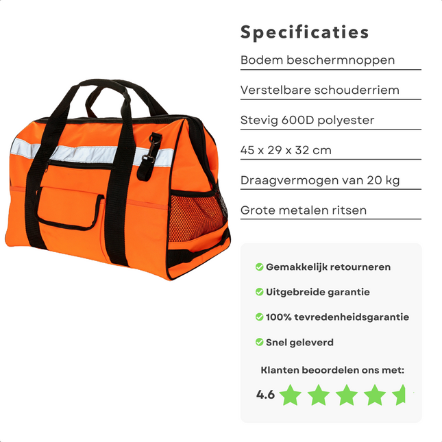 Cheqo® Gereedschapstas - Solide Neon-Oranje 600D Polyester - Reflectiestreep - 20kg Max. Draagcapaciteit - 45x29x32cm - Tapehouder - Schouderriem - 4 Noppen - 27 Opbergopties Gereedschapstas