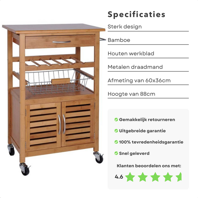 Cheqo® Bamboe Keukentrolley - Serveerwagen - Keukenrek - 4 Zwenkwielen - Flessenrek - 2 Klapdeuren - Handdoekenstang - 60x36cm Keukentrolley