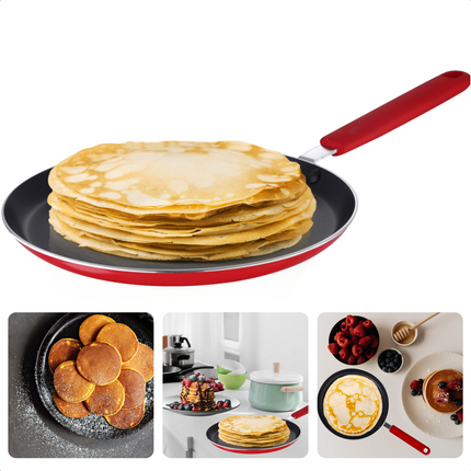 Cheqo® Pannenkoekenpan voor Inductie - ø24cm - Koekenpan - Alle Warmtebronnen - Geperst Aluminium - Anti-Aanbaklaag - Softtouch Handgreep - Ophangoog - Rood Koekenpan