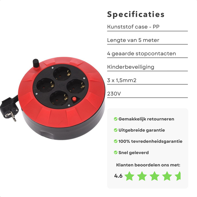 Cheqo® Kabelbox - Haspel - Kabelhaspel - Verlengsnoer - 5m - 4 Geaarde Stopcontacten - Kinderbeveiliging - 3x1.5mm2 - 230V - IP20 - 3000W Afgewikkeld - 1000W Opgewikkeld - CE & GS-TUV Goedgekeurd Kabelhaspels