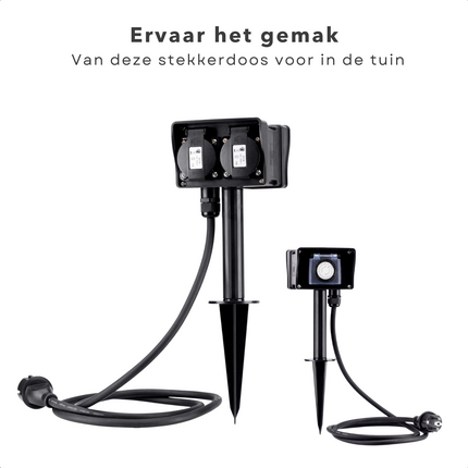 Cheqo® Randaarde Tuinstekkerdoos - Tuin Stekkerdoos met Grondspies - Tuincontactdoos 2-Voudig met Timer - 24-uurs Timer - Dubbel Stopcontact - Weerbestendig - Randaarde - Kinderbeveiliging - IP44 - 3680 Watt - 250V - 2 Stopcontacten Stekkerdoos